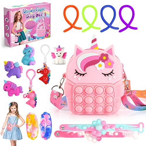 Toyzey Geschenk Mädchen 3 4 5 6 7 8 9 10 Jahre, Fidget Set Spielzeug ab 2-9 Jahre Mädchen Pop It Tasche Einhorn Spielzeug Squishy Anti Stress Spielzeug Geburtstagsgeschenk für Mädchen von Toyzey