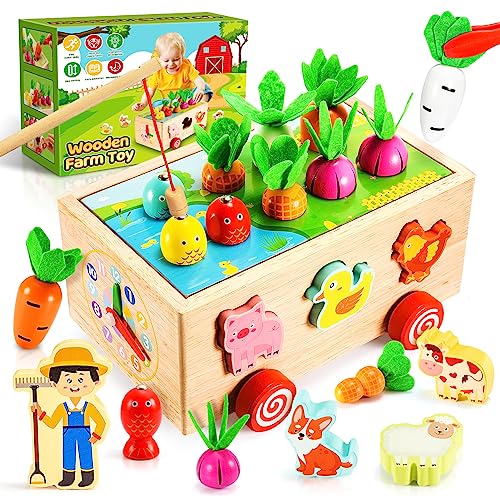 Toyzey Montessori Spielzeug ab 1-5 Jahre Junge Mädchen, 8-in-1 Bauernhof Holzspielzeug ab 1-5 Jahre Geschenk Junge Mädchen 1-5 Jahre Baby Spielzeug 1-5 Jahre Motorikspielzeug Angelspiel Ostergeschenke von Toyzey