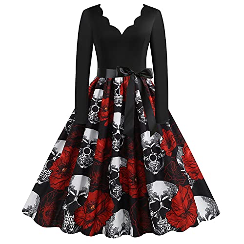 Trailrest Halloween Kostüm Mädchen Fledermaus, Totenkopf Elegant Lange Ärmel Kostüm Damen Gothic Kleidung Damen Coctailkleid Kleid Halloween Kleid Damen Vampir Schwarzes von Trailrest