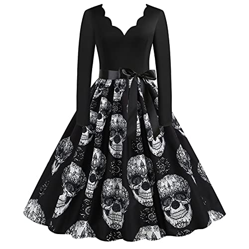 Trailrest Halloween Kostüm Mädchen Fledermaus, Totenkopf Elegant Lange Ärmel Kostüm Damen Gothic Kleidung Damen Coctailkleid Kleid Halloween Kleid Damen Vampir Schwarzes von Trailrest