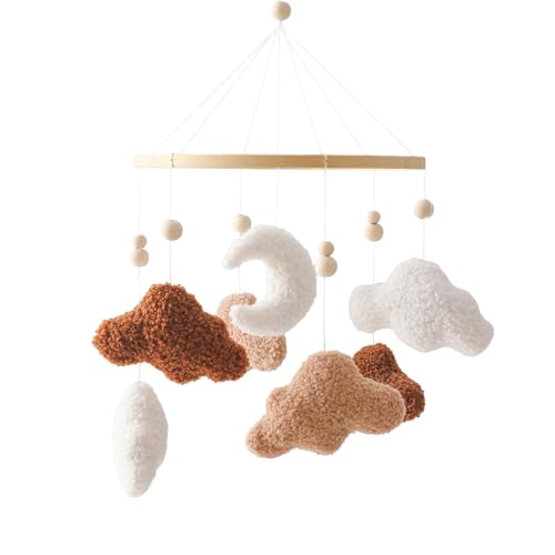 Trayosin Mobile Baby Holz Babybett Windspiel, 3D Wolken und der Mond Mobile Babybett Deko Kinderzimmer, Hängende Bettglocke Anhänger für Jungen und Mädchen (Braun) von Trayosin