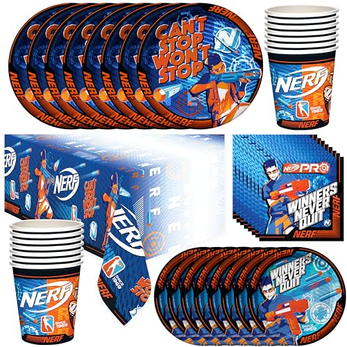 Treasures Gifted Offiziell lizenziertes Nerf-Geburtstagsparty-Zubehör, für 24 Gäste, Geschirr-Deluxe-Set, Nerf-Partyzubehör, Nerf-Geburtstagsdekorationen, Nerf-Teller und Servietten, Becher, von Treasures Gifted