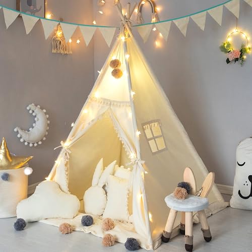 TreeBud Kinder Tipi Zelt mit gepolsterter Matte, Banner, Wollknäuel, Tragetasche, Elfenbein Baumwolle Leinwand Spielzelt für Kinder mit Quasten und Spitze, Spielhaus für Kinderzimmer Dekor von TreeBud