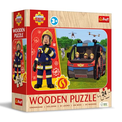 Trefl - Holzpuzzle: Fireman Sam, Der Unglaubliche Feuermann - 24 Elemente, Puzzle Wooden Puzzle, Dekoratives Muster auf der Rückseite, für Kinder ab 3 Jahren von Trefl