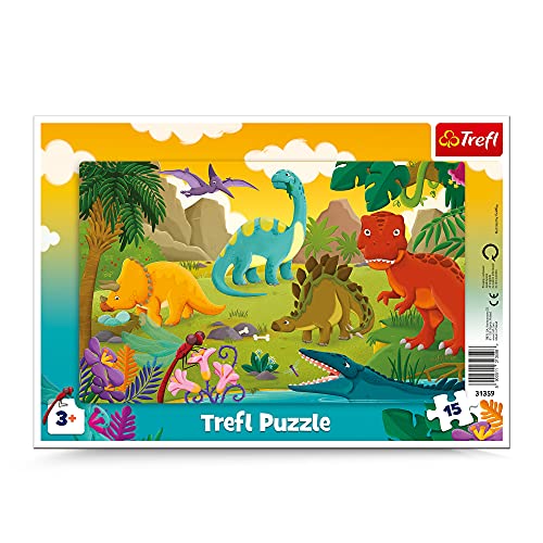 Trefl, Puzzle, Rahmenpuzzle mit Unterlage, 15 Teile, Dinosaurier, für Kinder ab 3 Jahren, Glückliches Kätzchen Kicia Kocia von Trefl