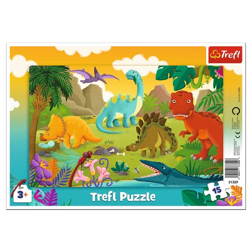 Trefl, Puzzle, Rahmenpuzzle mit Unterlage, 15 Teile, Dinosaurier, für Kinder ab 3 Jahren, Glückliches Kätzchen Kicia Kocia von Trefl