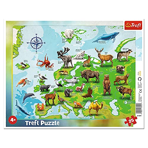 Trefl, Puzzle, Rahmenpuzzle mit Unterlage, 25 Teile, Europakarte mit Tieren, für Kinder ab 4 Jahren von Trefl