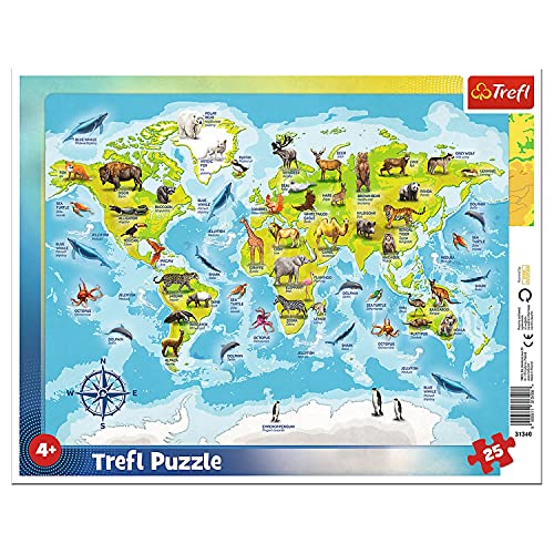 Trefl, Puzzle, Rahmenpuzzle mit Unterlage, 25 Teile, Weltkarte mit Tieren, für Kinder ab 4 Jahren von Trefl