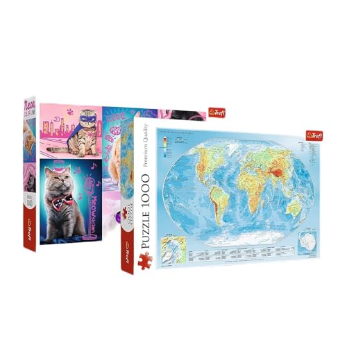 Trefl 10641 Duopack, Paket mit 2, 2x1000 Teile Weltkarte, Superkatzen, Sonderedition Exklusiv bei Amazon Puzzle von Trefl