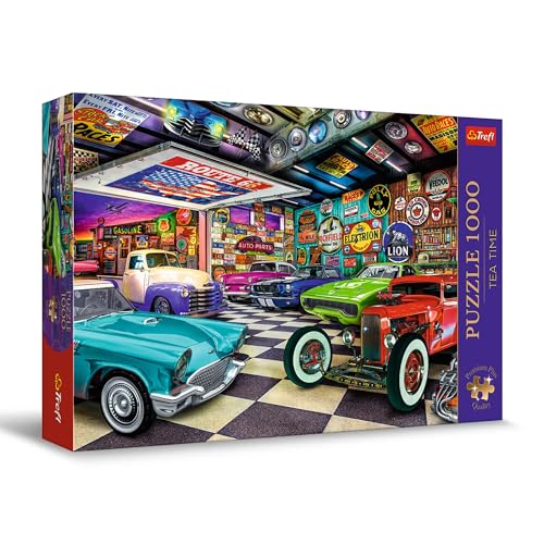 Trefl Premium Plus Quality - Puzzle Tea Time: Autosammlergarage - 1000 Elemente, Serie Gemalter Nostalgischer Bilder, Ideale Anpassung der Teile, für Erwachsene und Kinder ab 12 Jahren von Trefl