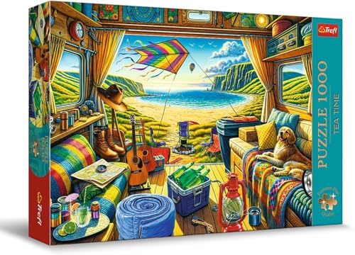 Trefl 10851 Puzzle Tea Time: Mit einem Camper unterwegs-1000 Elemente, Serie Gemalter Nostalgischer Bilder, Ideale Anpassung der Teile, für Erwachsene und Kinder ab 12 Jahren, Mehrfarbig von Trefl