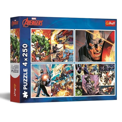 Trefl – Puzzle 4in1: Marvel The Avengers, Heldenhafte Tage - 4 x 250 Teile - Set mit Vier Puzzles für Teenager von Trefl