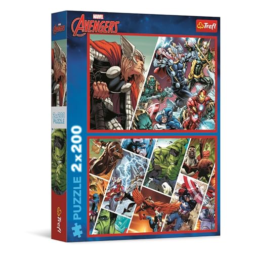 Trefl – Puzzle 2in1: Marvel The Avengers, Verteidiger der Welt - 2 x 200 Elemente - Set mit Zwei Puzzles für Teenager von Trefl