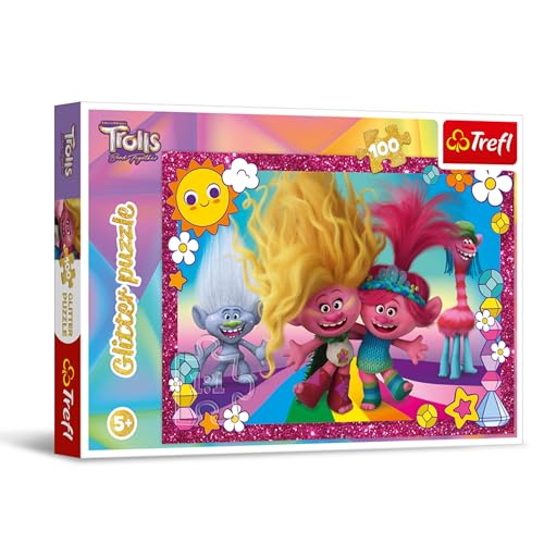 Trefl – Trolls Band Together, Glitzernde Trolle – Glitter-Puzzle 100 Teile – Glitzerndes Puzzle mit Ponys, Kreative Unterhaltung, Spiel für Kinder ab 5 Jahren von Trefl