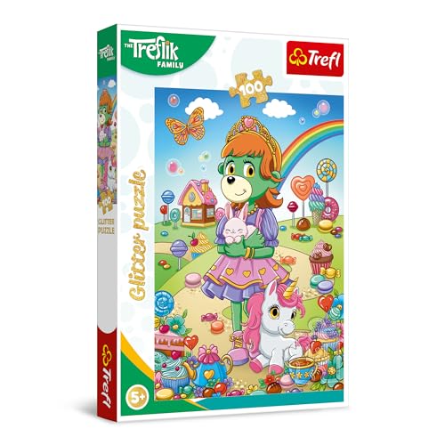 Trefl 14833 Trefliki Familie The Family, Trefliks-Glitter 100 Teile-Glänzendes Puzzle mit den Figuren der Fernsehserie, Kreative Unterhaltung, Spiel für Kinder ab 5 Jahren, Mehrfarbig von Trefl