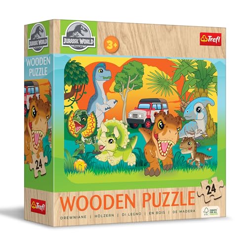 Trefl 20276 Jurassic Park Holzpuzzle World, Lernen Sie Dinosaurier kennen-24 Elemente, Wooden Puzzle, gerundete Kanten, Dekoratives Muster auf der Rückseite, für Kinder ab 3 Jahren, Mehrfarbig von Trefl