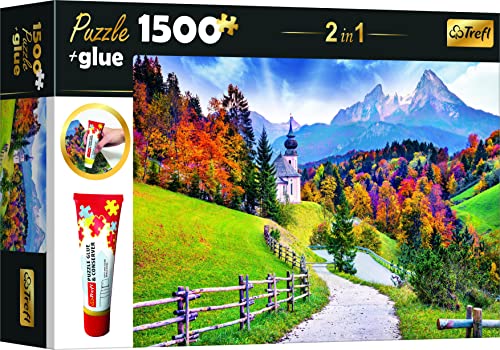 Trefl 26175 Set 2in1 Puzzle + Kleber, Puzzle 1 500 Teile Wallfahrtskirche Maria Gern in Bayern, Puzzle Kleber und Konservierungsmittel, Elemente anordnen und kombinieren, kreative Unterhaltung, von Trefl