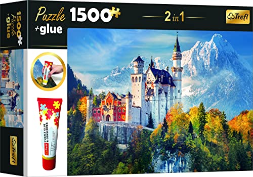 Trefl 26184 Set 2in1 Puzzle + Kleber, Puzzle 1500 Teile Schloss Neuschwanstein im Herbst, Puzzle Kleber und Konservierungsmittel, Elemente anordnen und kombinieren, kreative Unterhaltung, von Trefl