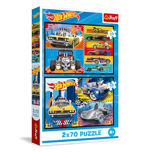 Trefl – 2in1 Puzzle: Hot Wheels, Autos - 2 x 70 Teile, Set mit Zwei Puzzles für Kinder ab 4 Jahren von Trefl