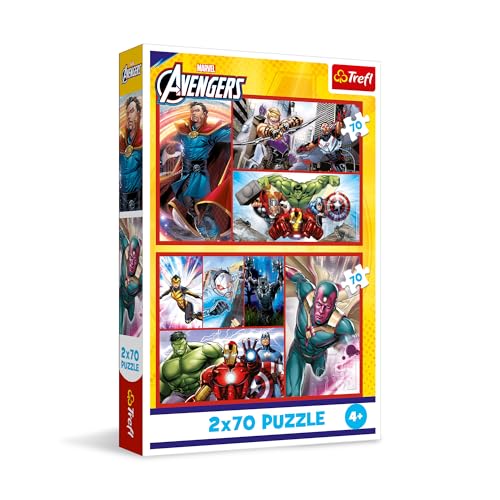 Trefl – 2in1 Puzzle: Marvel The Avengers, Werde EIN Held - 2 x 70 Teile, Set mit Zwei Puzzles für Kinder ab 4 Jahren von Trefl