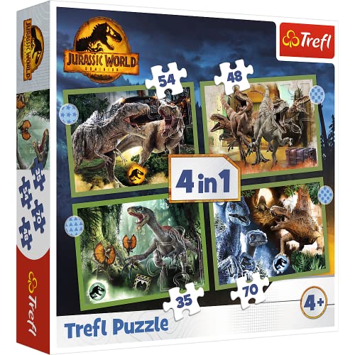 Tréfl - Jurassic World Dominion, Dinosaures Dangereux - Puzzle 4en1, 4 Puzzles, 35 à 70 Pièces - Puzzles avec Dinosaures, Jurassic Park, Différents Degrés de Difficulté, pour Enfants à partir de 4 ans von Trefl