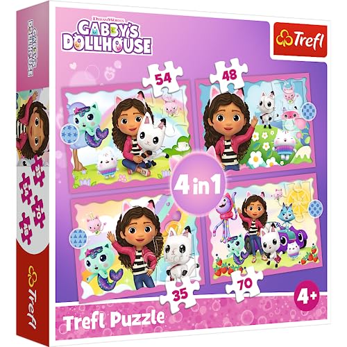 Trefl 34620 4In1, 4 Motive, Von 35 Bis 70 Teilen-Puzzle Serien Helden, Katzenhäuschen, Verschiedener Schwierigkeitsgrad, Kinder Ab 4 Jahren Hochelement Gabby's Dollhouse, Gabis Abenteuer von Trefl