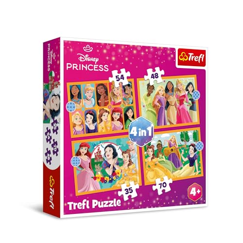 Trefl 34651 Prinzessinnen Disney, Märchengeschichten 4in1, 4 Puzzles-von 35 bis 70 Teile-Unterschiedlicher Schwierigkeitsgrad, für Kinder ab 4 Jahren, Mehrfarbig von Trefl