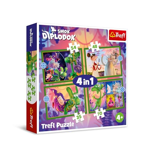 Trefl - Diplodocus Drache, Die Welt des Diplodocus Drachen - 4-in-1 Puzzles, 4 Puzzles, 12 bis 24 Teile - Verschiedene Schwierigkeitsgrade, für Kinder ab 3 Jahren von Trefl