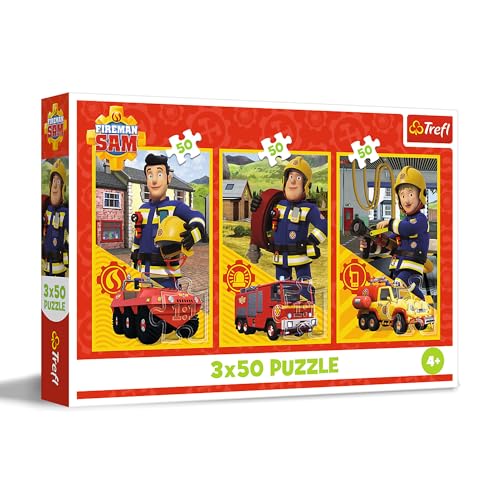 Trefl 34880 Fireman Sam 3in1 Feuerwehrmann, Team der Feuerwache-3 x 50 Teile, 3er-Puzzle-Set für Kinder ab 4 Jahren von Trefl