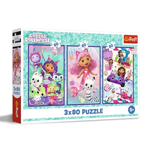 Trefl – 3in1 Puzzle: Gabby's Dollhouse, Gabbys Bunte Tage - 3 x 80 Teile, 3er-Puzzle-Set für Kinder ab 5 Jahren von Trefl