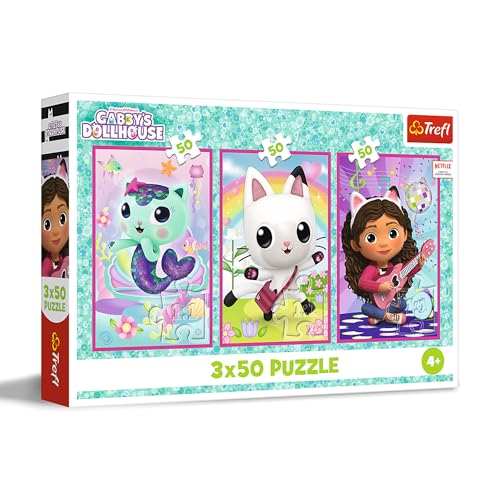 Trefl – 3in1 Puzzle: Gabby's Dollhouse, Lerne Gabby und die Kätzchen kennen - 3 x 50 Teile, 3er-Puzzle-Set für Kinder ab 4 Jahren von Trefl