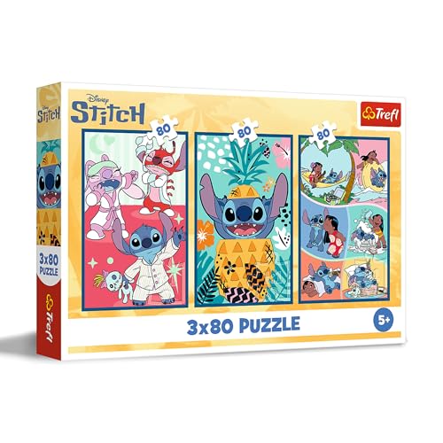 Trefl – 3in1 Puzzle: Lilo & Stitch, Stitchs Welt - 3 x 80 Teile, 3er-Puzzle-Set für Kinder ab 5 Jahren von Trefl