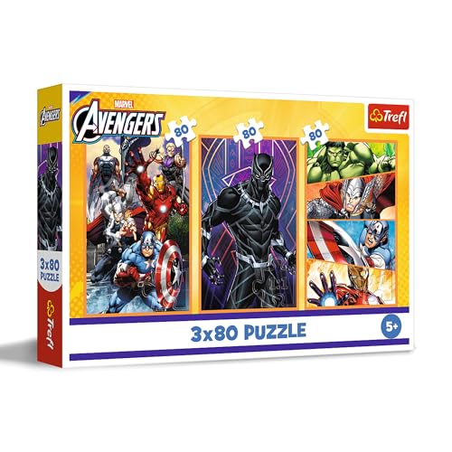 Trefl – 3in1 Puzzle: Marvel The Avengers, Actiongeladene Tage - 3 x 80 Teile, 3er-Puzzle-Set für Kinder ab 5 Jahren von Trefl