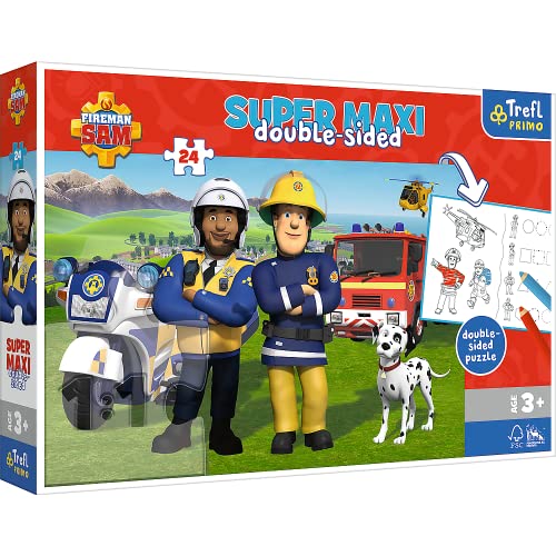 Trefl 41015 3 in 1: Puzzle 24 Große, Malbuch, Spiel mit Ausmal-Elementen, Ausmalpuzzle mit Märchenfiguren, Spaß für Kinder ab 3 Jahren Kinderpuzzle, Fireman Sam, Feuerwehrmann SAMS Hilfsbereites Team von Trefl