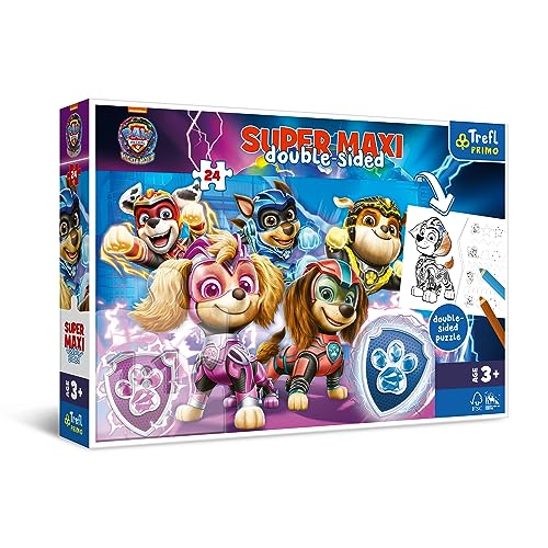 Trefl Primo - PAW Patrol: The Mighty Movie: PAW Patrol in Aktion - 3in1: Puzzle 24 Große Elemente, Malvorlage, Buntes Puzzle mit Helden der Fernsehserie, für Kinder ab 3 Jahren von Trefl