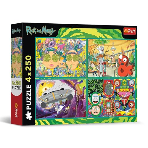 Trefl – 4in1 Puzzle: Rick and Morty, Die verrückte Welt von Rick and Morty - 4 x 250 Teile - 4er-Puzzle-Set für Jugendliche von Trefl