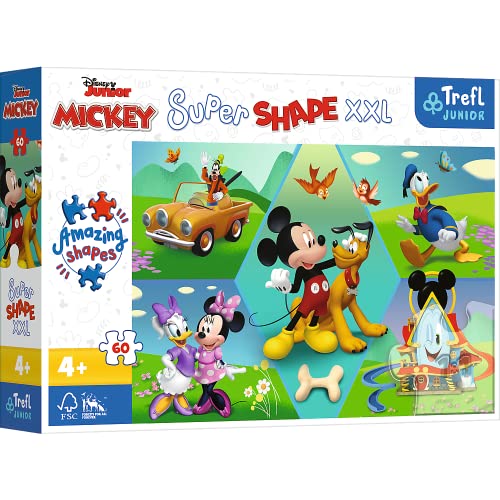 Trefl 50014 60 XXL Super Shape Verrückte Formenpuzzles, große Teile, bunte Puzzles mit Märchenfiguren, Spaß für Kinder ab 4 Jahren, Disney, Mit Mickey ist es immer lustig von Trefl