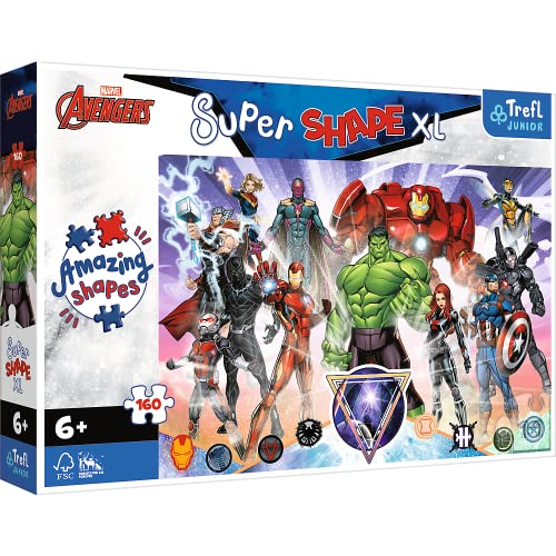 Trefl 50023 160 XL Super Shape-Verrückte Formenpuzzles, große Teile, Bunte Puzzles mit Märchenhelden, Spaß für Kinder ab 6 Jahren, Marvel The Avengers, Die Mutigen Avengers von Trefl