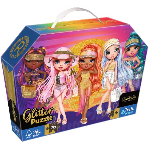 Trefl 53020 JUNIOR Glitzer 70 Teile, Praktische Kiste mit Griff, Glitzerpuzzle für Kleine Modefans, Spaß für Kinder ab 4 Kinderpuzzle, Rainbow High, Glitzerpuppen von Trefl