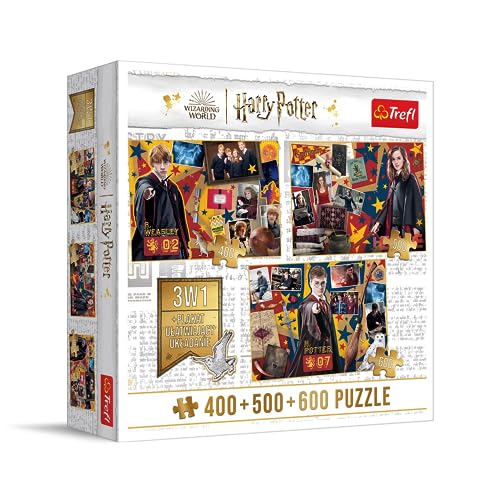 Trefl – Puzzle 4in1: Set mit 3X Puzzle 400+500+600: Ron, Hermine, Harry + Poster - Puzzles mit Harry Potter Filmfiguren, 400 500 und 600 Teile, A4 Poster, für Erwachsene und Kinder ab 10 Jahren von Trefl