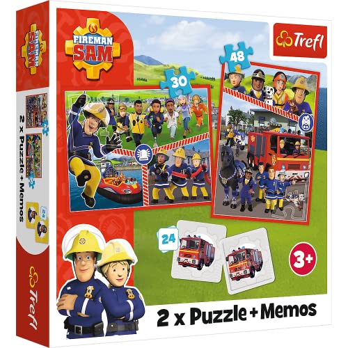 Trefl 93334 3 in 1: 2X Memory-Spiel, Puzzle Helden, 30 und 48 Elemente, Verschiedene Schwierigkeitsgrade, 24 Memos, Spaß für Kinder ab 3 Jahren, Fireman Sam, Feuerwehrmann SAMS Team von Trefl