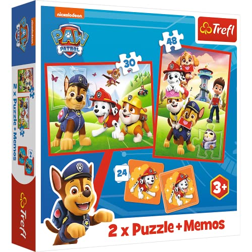 Trefl 93337 3 in 1: 2X Memory-Spiel, Puzzles mit Märchenfiguren, 30 und 48 Elemente, Verschiedene Schwierigkeitsgrade, 24 Memos, Spaß für Kinder ab 3 Jahren, PAW Patrol, Hundeteam in Aktion von Trefl