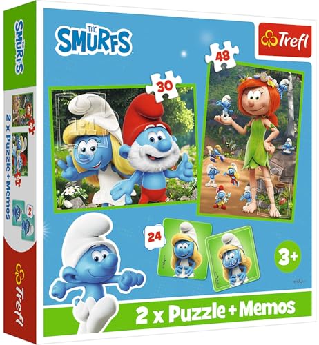 Trefl - Schlümpfe, Fröhlicher Schlumpfspaß - 3in1: 2X Puzzle + Memory-Spiel, 30 und 48 Teile, Unterschiedliche Schwierigkeitsgrade, 24 Memos, Unterhaltung für Kinder ab 3 Jahren von Trefl