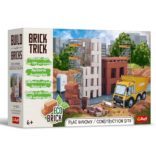 Trefl – Brick Trick: Baustelle/Construction Site – Bauen mit Ziegeln, EKO Echte Ziegelsteine, 290 Ziegel, Mehrfach verwendbar, Kreativ-Set für Kinder ab 6 Jahren von Trefl