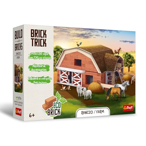 Trefl - Brick Trick: Farm/Farm - Bauen mit Ziegeln, EKO Echte Ziegelsteine, 130 Ziegel, für Kinder ab 6 Jahren von Trefl