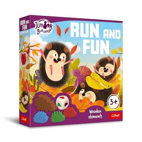 Trefl - Run and Fun, Junior Game - Brettspiel für Kleinkinder, Zwei Varianten, Holzigel, Große Elemente, Einfache Regeln, Schöne Illustrationen, Lernen durch Spielen, Spiel für Kinder ab 3 Jahren von Trefl