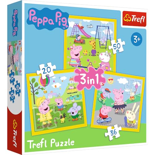 Trefl TR34849 Fröhlicher Tag Wutz, Peppa Pig 20 bis 50 Teilen, 3 Sets, für Kinder ab 3 Jahren Puzzlebox, Mehrfarbig von Trefl