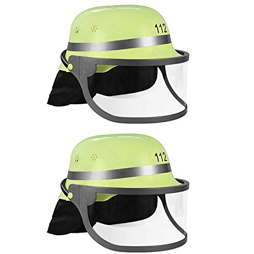 Trendario 2x Feuerwehrhelm Für Kinder und Erwachsene, verstellbar mit Klappvisier & Nackentuch - Deutsche Ausführung in Gelb - ideal für Karneval & Mottopartys Kostüm von Trendario