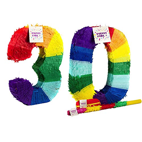 Trendario Pinata Zahl 30 Set - Mehrfarbig - ungefüllt - Ideal zum Befüllen mit Süßigkeiten und Geschenken - Piñata für Geburtstag Spiel, Geschenkidee, Party, Feier, Überraschung Stab Maske von Trendario