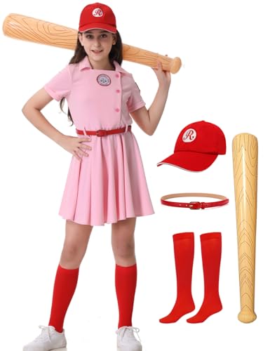 Treyrea Baseball-Kostüm für Mädchen, Baseballkleid, Uniform mit Baseballkappe für Halloween (Rosa, L) von Treyrea